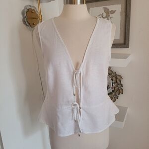Michael Kors White Linen Blend  Sleeveless Front Tie Top Ruffle Hem Medium
